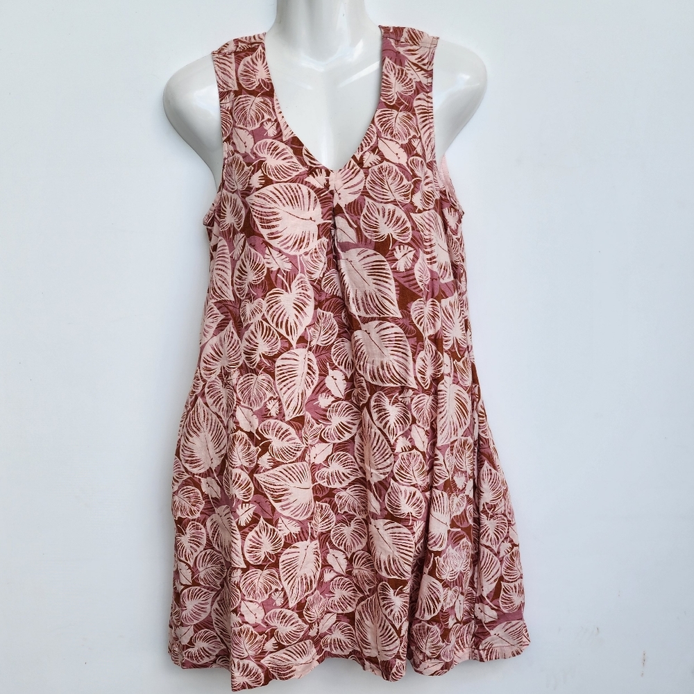 Tahari Linen Dress Dusty Rose Tropical Print Shift Sleeve Dress Size XS